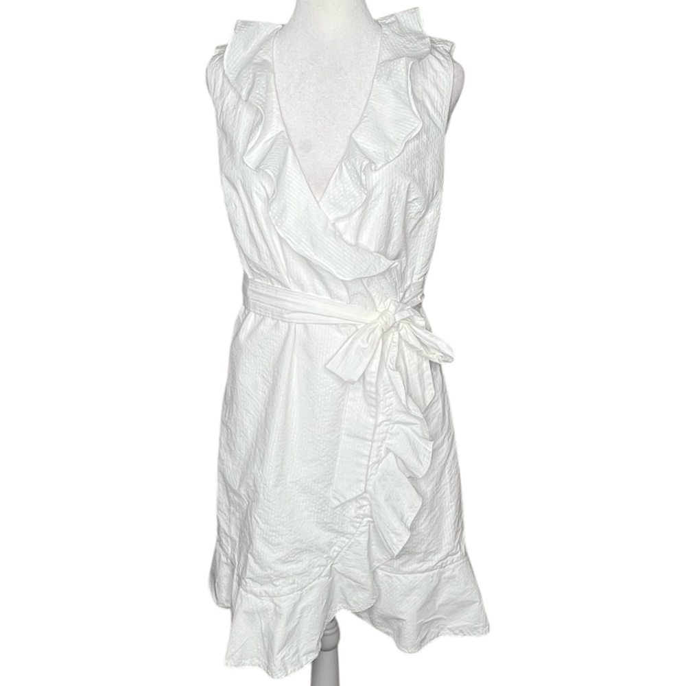 Draper James RSVP Seersucker Ruffle Wrap Tie Dress Size 4 White Classic Preppy